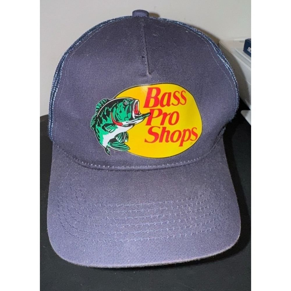 Vintage Bass Pro‎ Shops Navy Blue Big Logo Snap Back Trucker Hat Cap